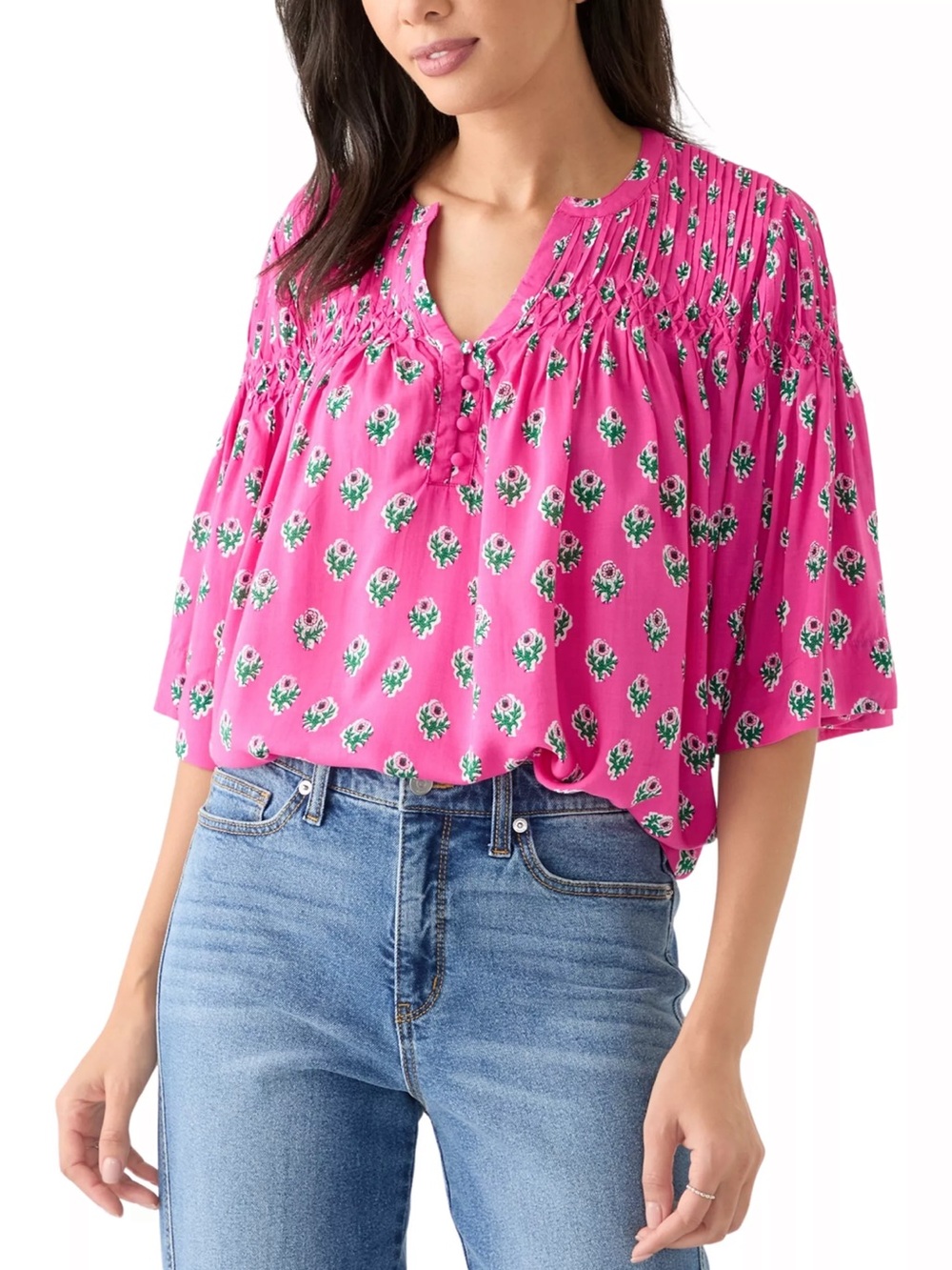 Floral Pleated Magenta Blouse with Button-Front